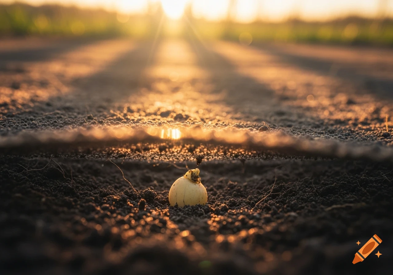 Macro shot of a potato seed in dark soil, illuminated by golden hour sunrise with long shadows, creating a peaceful, realistic mood.