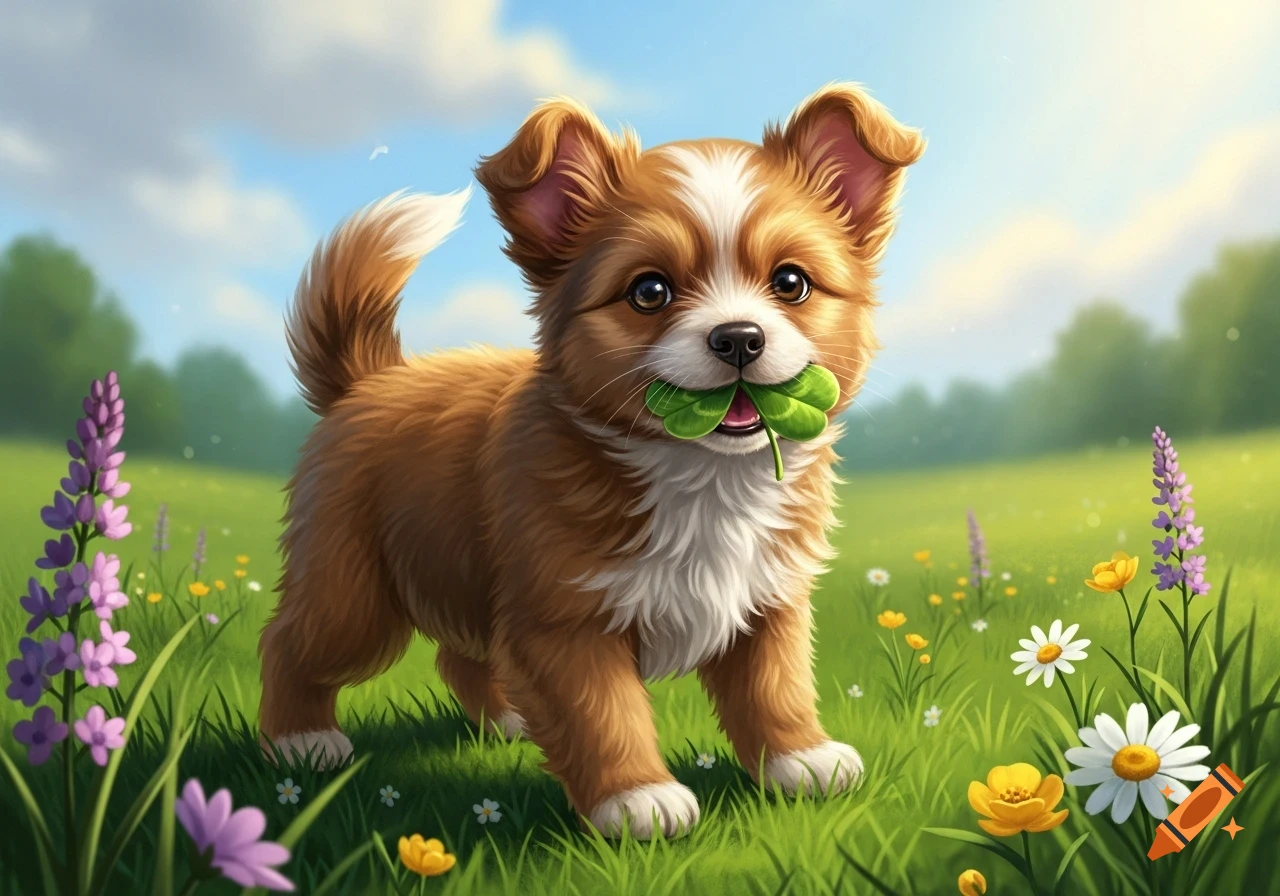 A cute brown and white puppy with a four-leaf clover in its mouth, standing in a sunny green meadow with wildflowers. Illustrated.