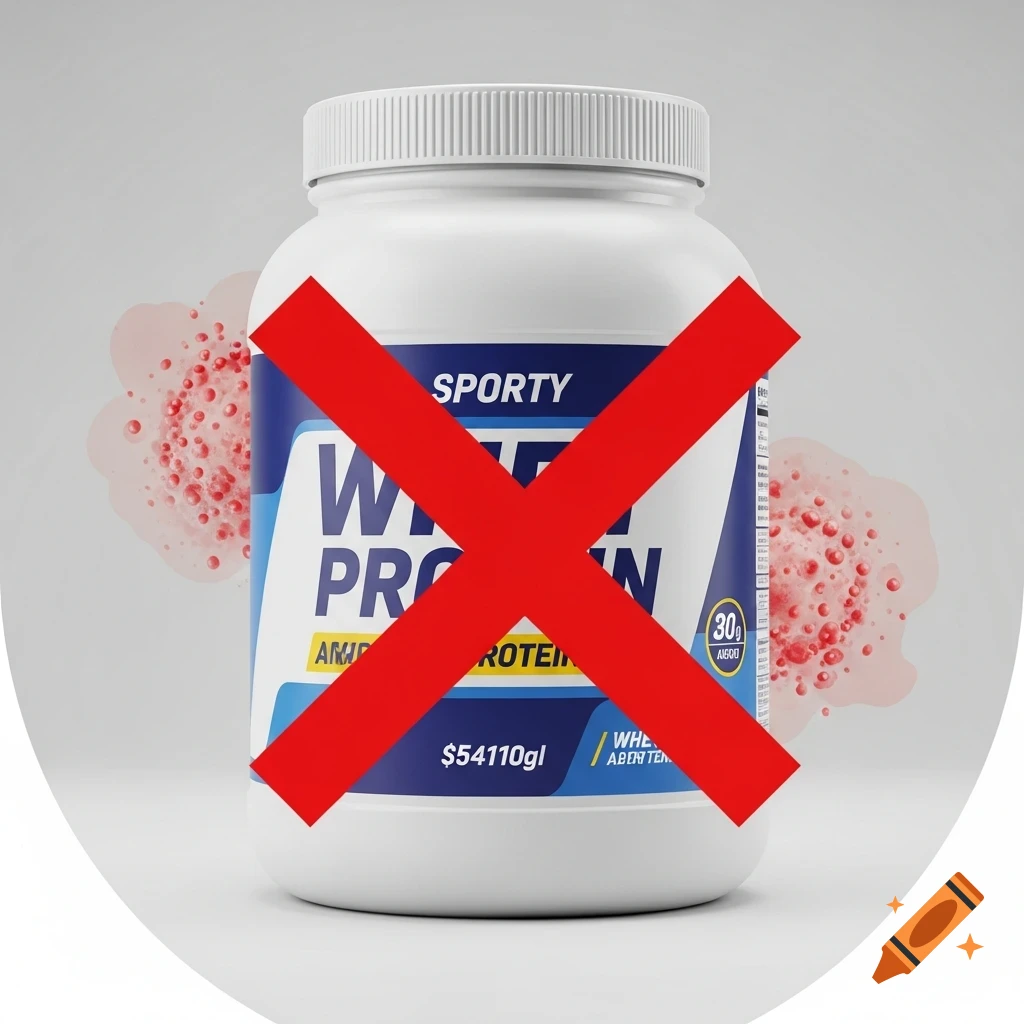A white tub of 'SPORTY WHEY PROTEIN' with a large red 'X' over it, set against a light background with red, blotchy shapes.
