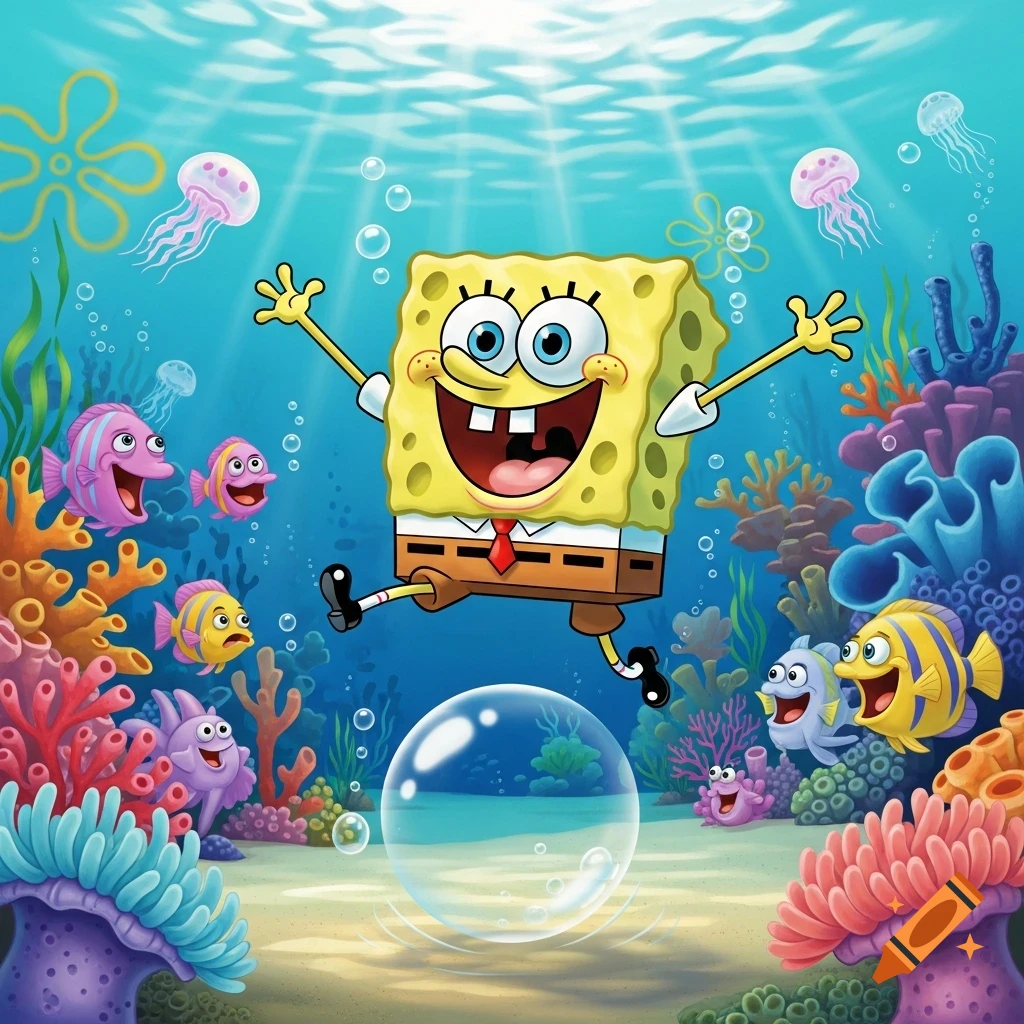 Spongebob Squarepants happily jumps over a bubble in a vibrant underwater scene with colorful fish, jellyfish, and coral.
