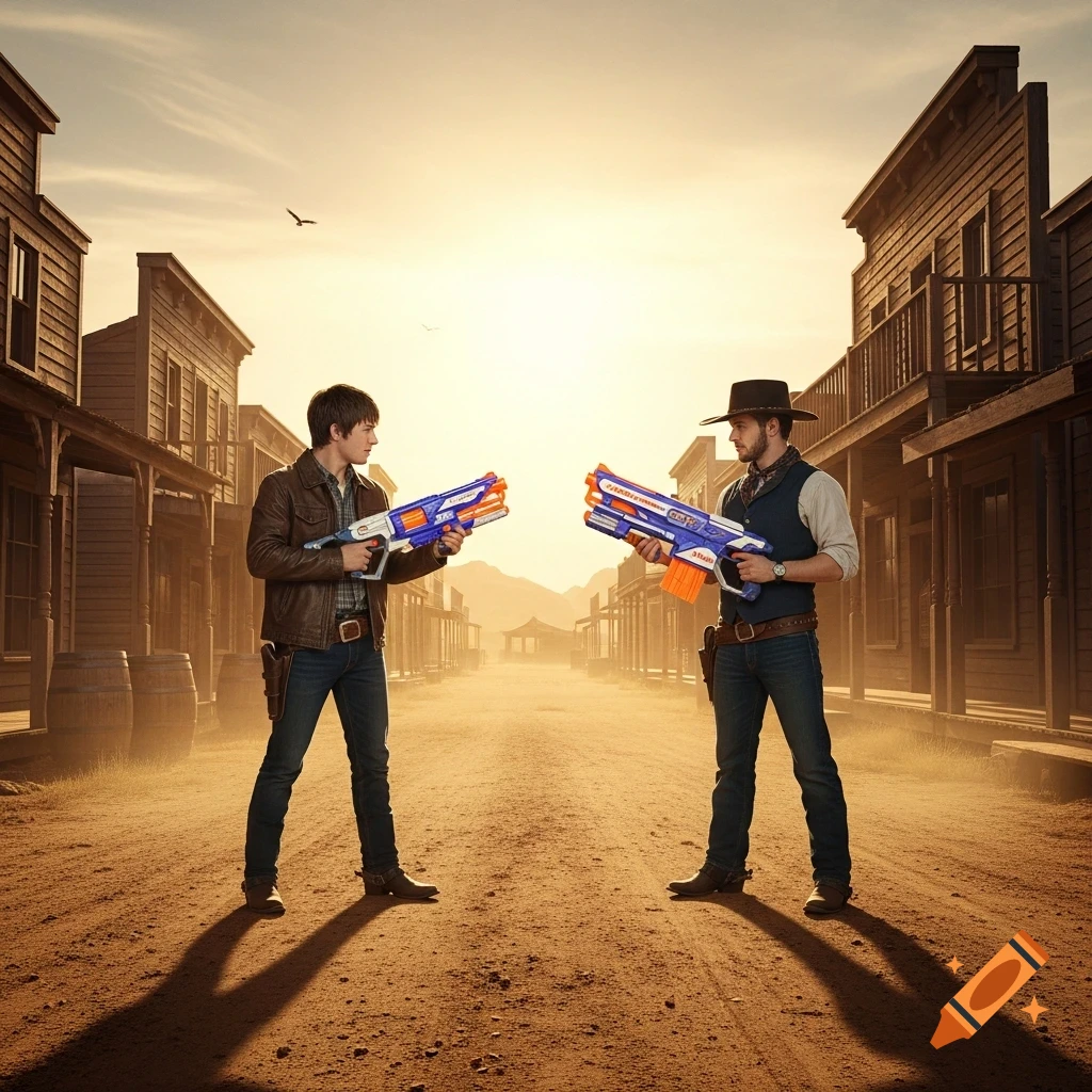 Two men in a dusty Old West town street stand facing each other, holding blue and orange toy blasters, like a standoff.