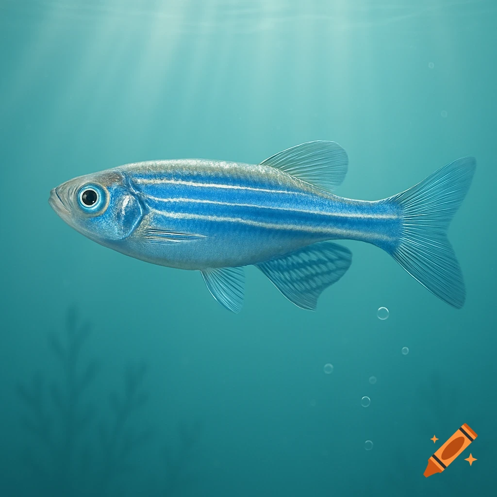 A vibrant blue and silver striped zebrafish swims underwater with light rays filtering through.