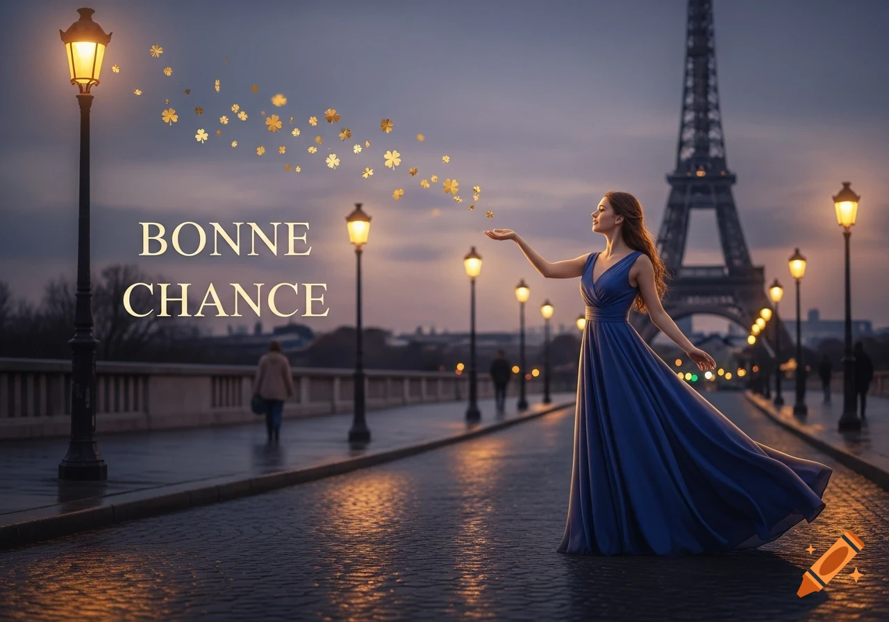 A woman in a blue dress stands on a wet Parisian street at dusk, releasing golden clovers, with the Eiffel Tower and glowing lampposts in the background. Text 'BONNE CHANCE'.