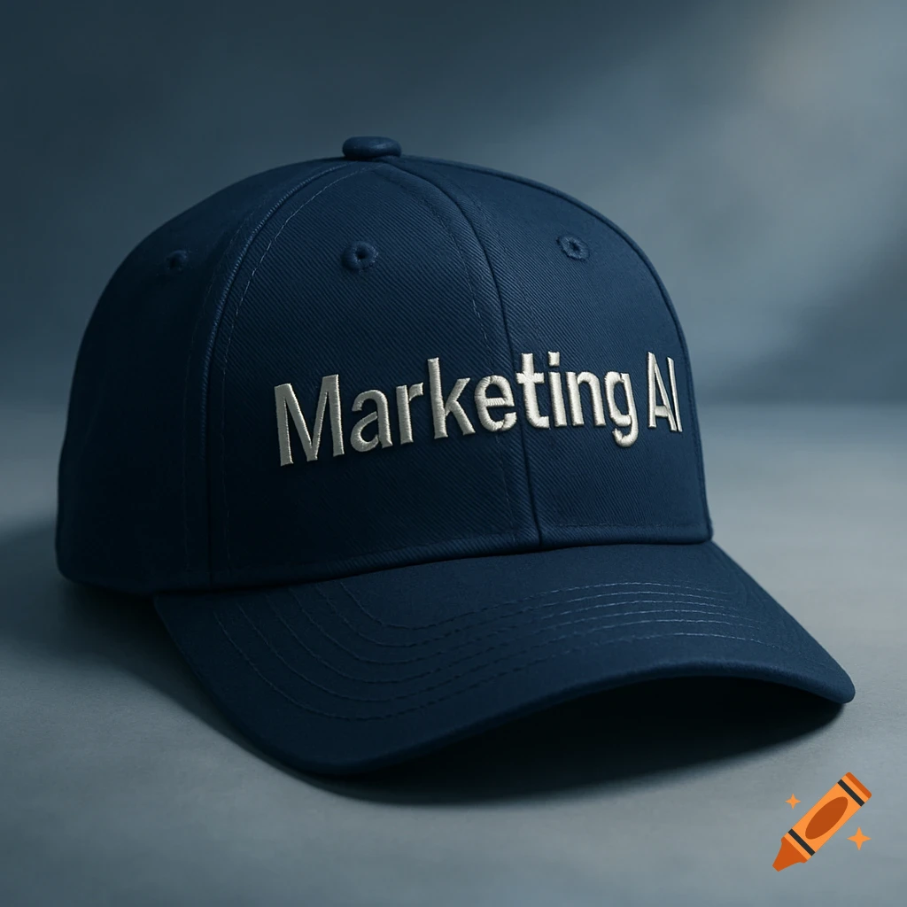 A close-up, photorealistic image of a navy blue baseball cap with 'Marketing AI' embroidered in silver on the front.