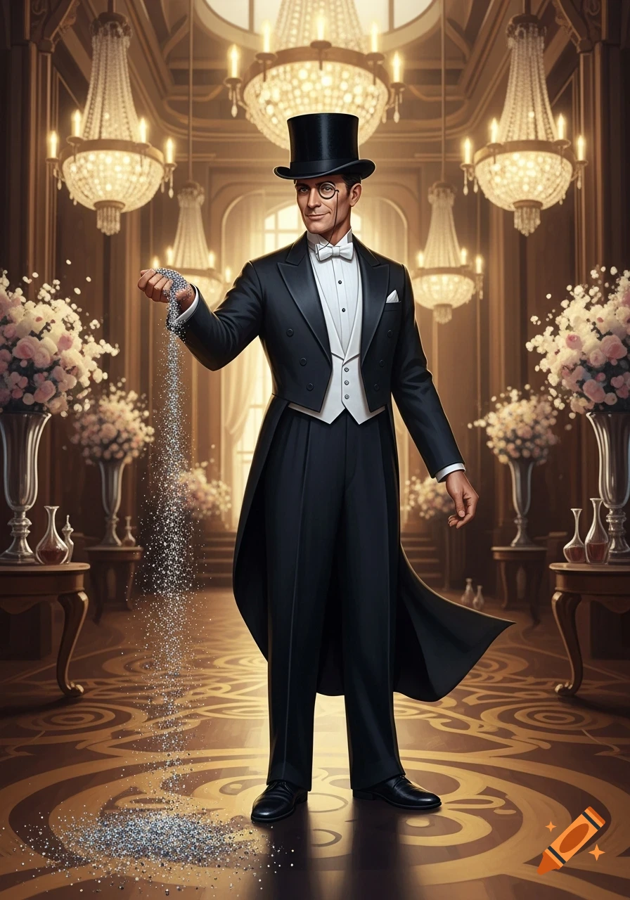A dapper man in a black tuxedo, top hat, and monocle stands in a lavish ballroom, gracefully sprinkling sparkling glitter.