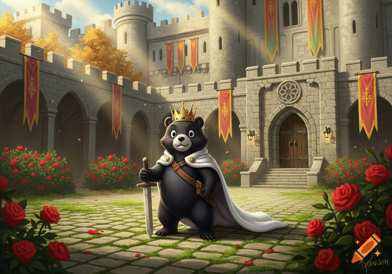 A cartoon black bear king with a golden crown and white cape stands with a sword in a rose-filled castle courtyard.