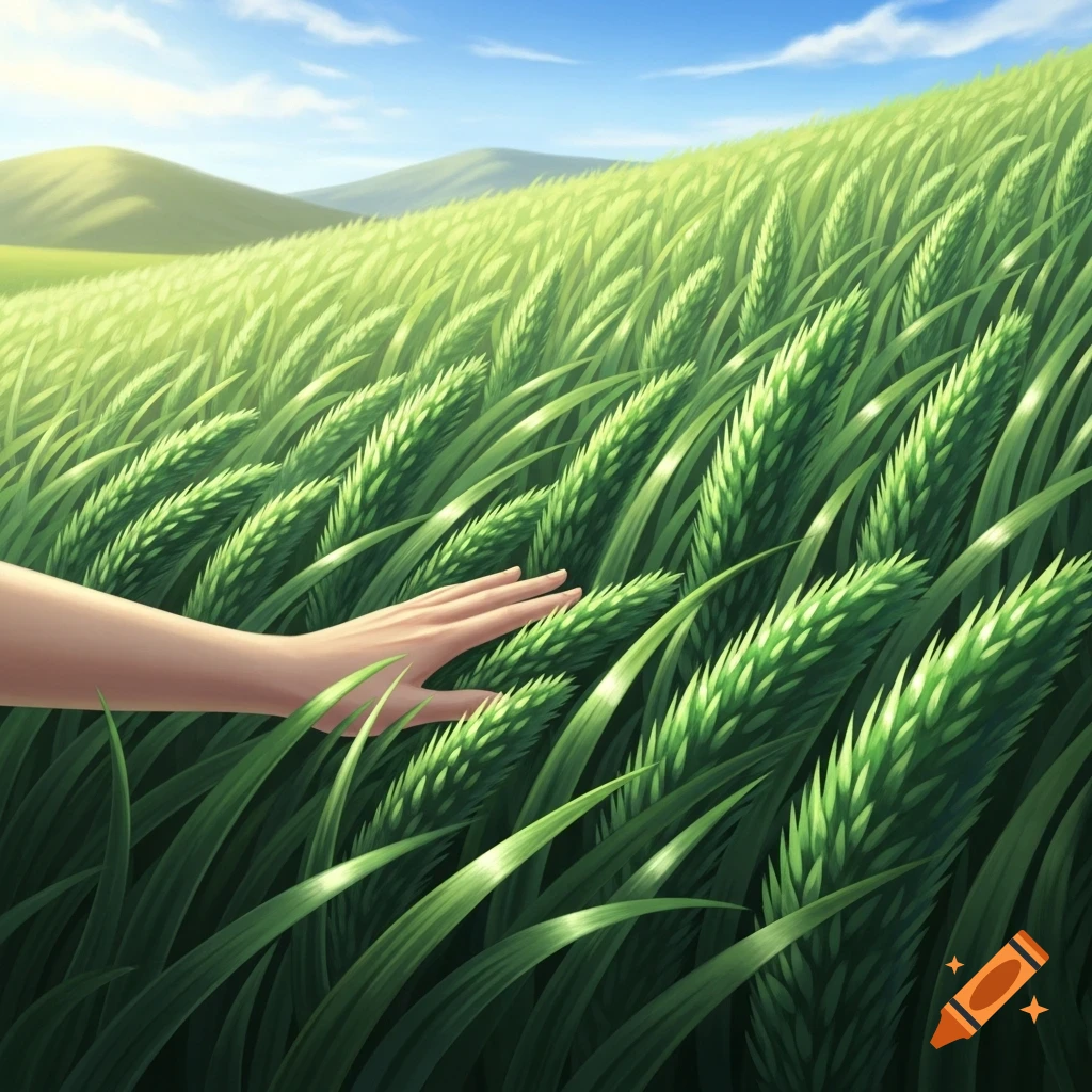 A hand gently touches a field of tall, spiky green grass under a blue sky with distant hills, in an illustrative style.