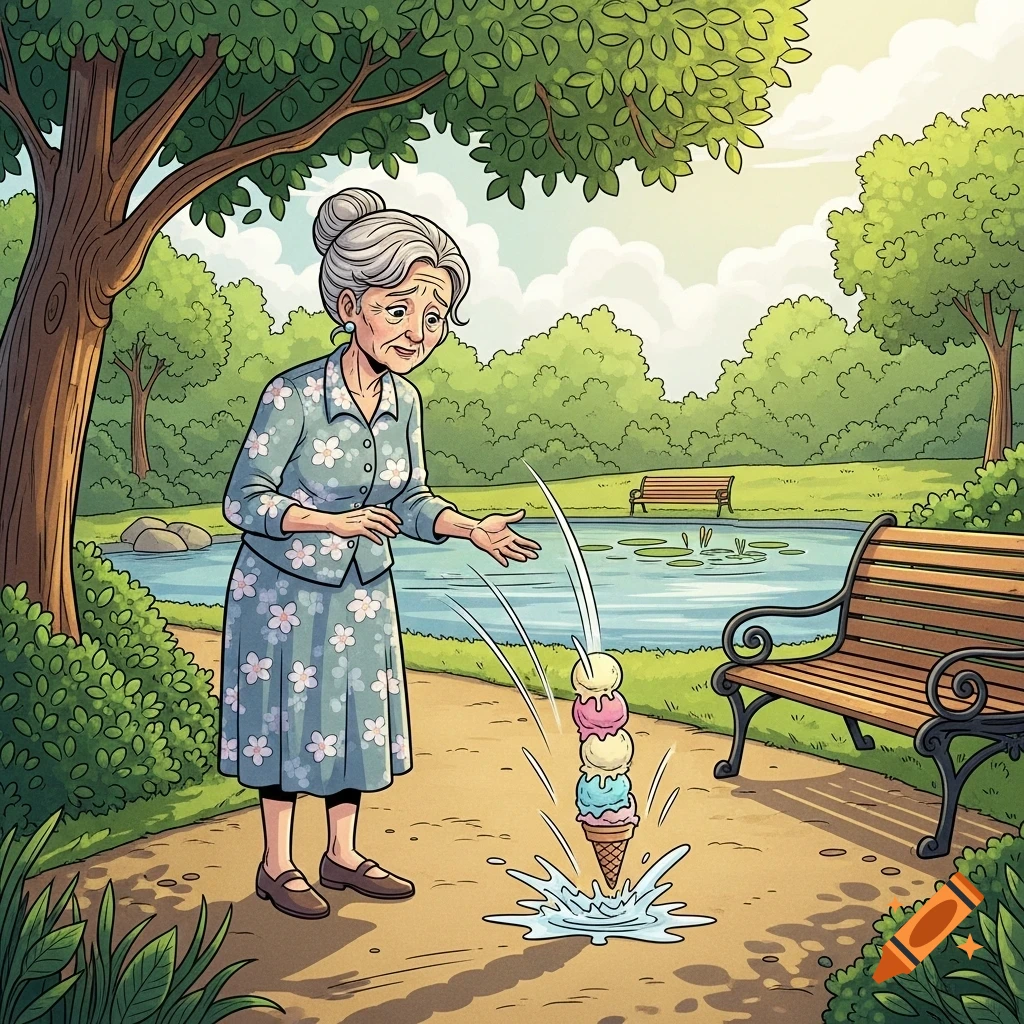 A sad elderly woman in a park watches her dropped, melting ice cream cone in a comic style illustration.