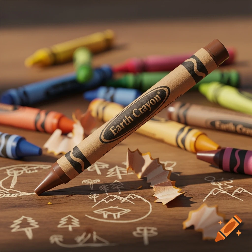 A brown Earth Crayon with its label visible, surrounded by colorful crayons and wood shavings on a wooden surface with doodles.