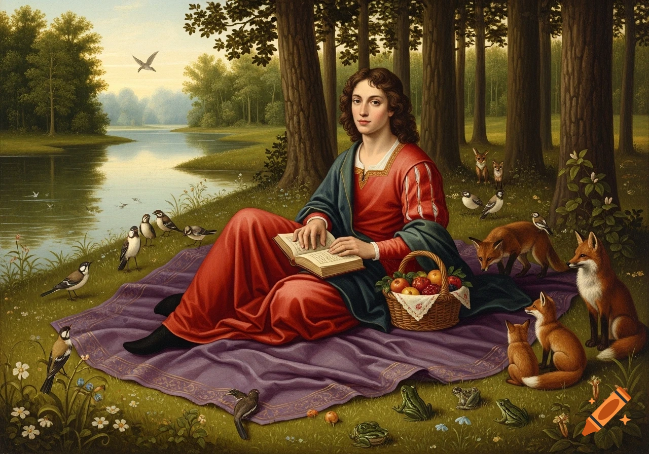 Renaissance painting of a person with curly hair in red and blue robes sitting on a purple blanket in a forest by a lake, reading a book, surrounded by birds, foxes, and frogs.