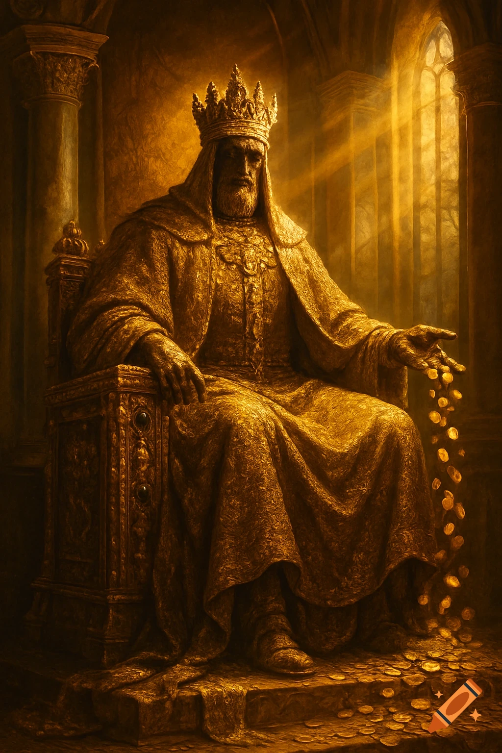 An opulent golden king sits on a throne, showering gold coins from his hand, bathed in light from a gothic window.