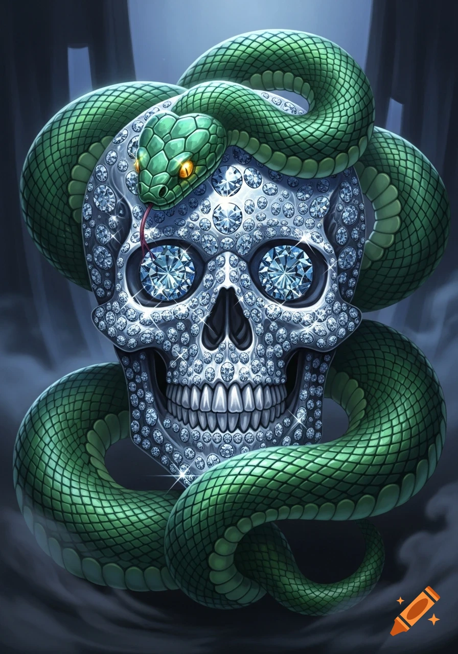 An illustrative image of a silver skull covered in sparkling diamonds with large diamond eyes, entwined by a vivid green snake.