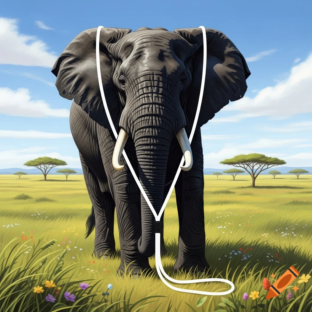 A majestic black elephant with large tusks stands in a vibrant green and yellow savanna under a blue sky, with a stylized white lanyard draped over its head and chest.