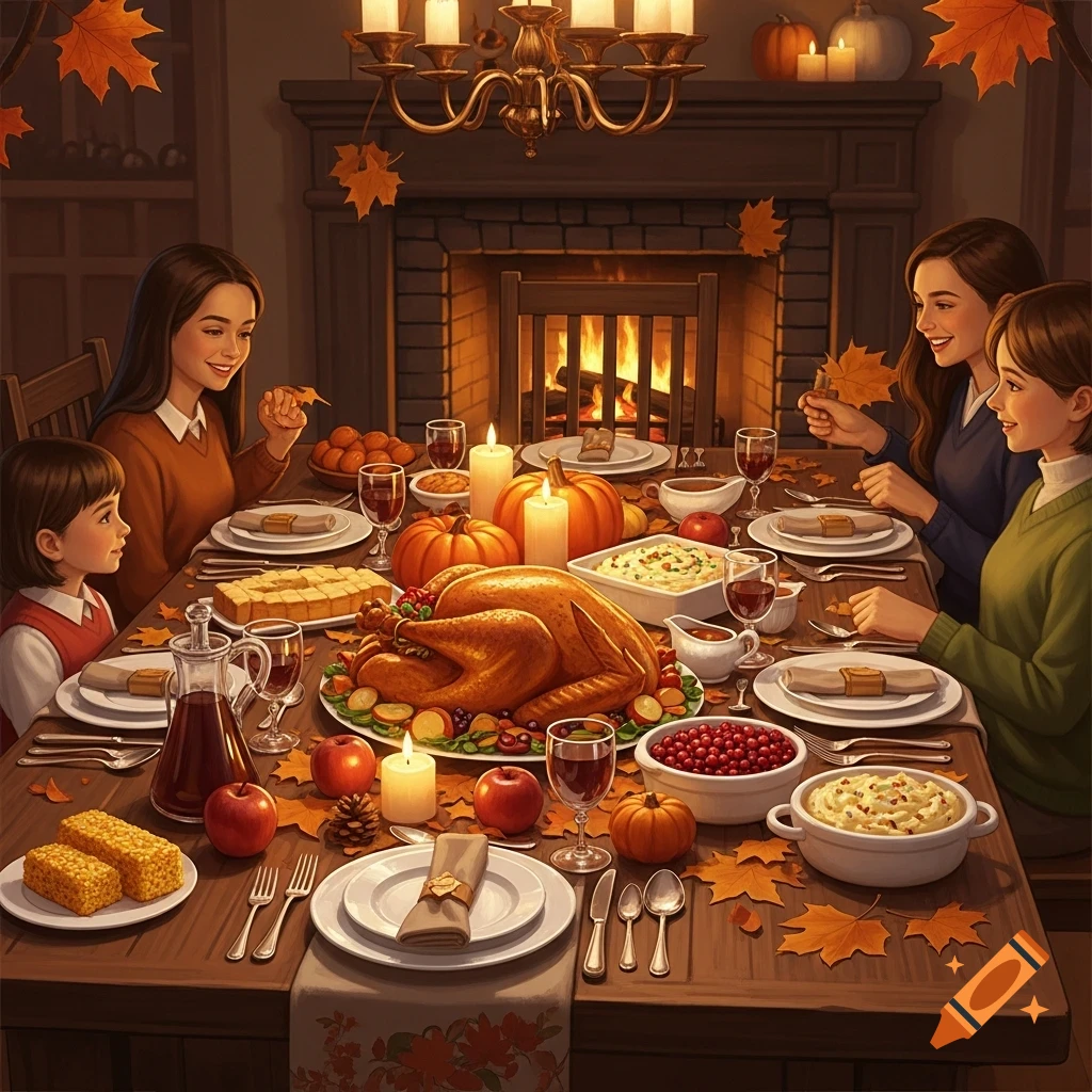 Illustration of a family enjoying a warm Thanksgiving dinner with a roasted turkey, pumpkins, and autumn leaves by a fireplace.