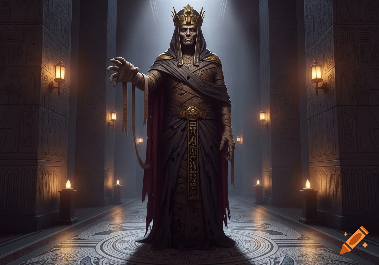 A majestic mummy lord with a gold crown and tattered robes stands in a torch-lit ancient Egyptian-style hall, reaching out a bandaged hand.