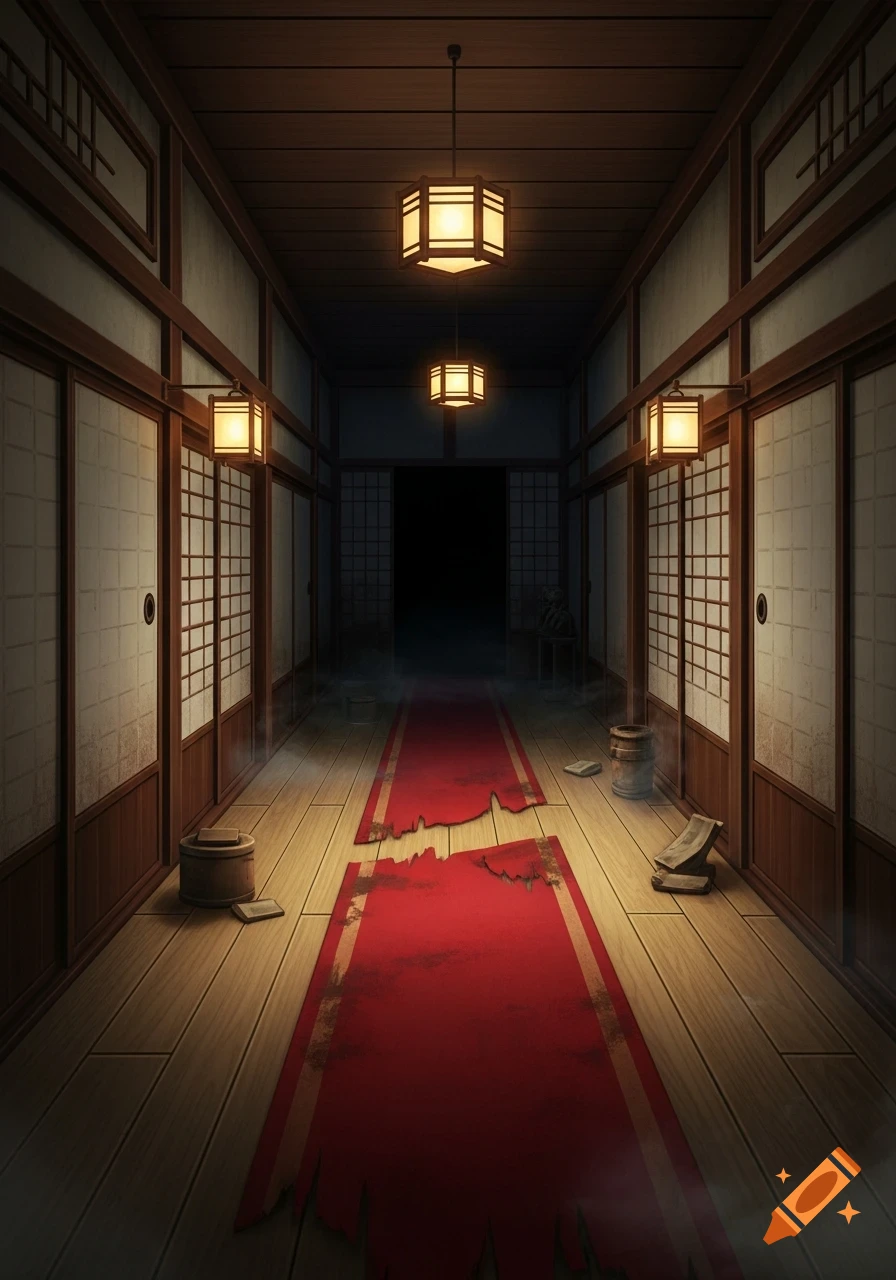 A dim, haunted Japanese house hallway with wooden floors, shoji screens, glowing lanterns, and a tattered red carpet.