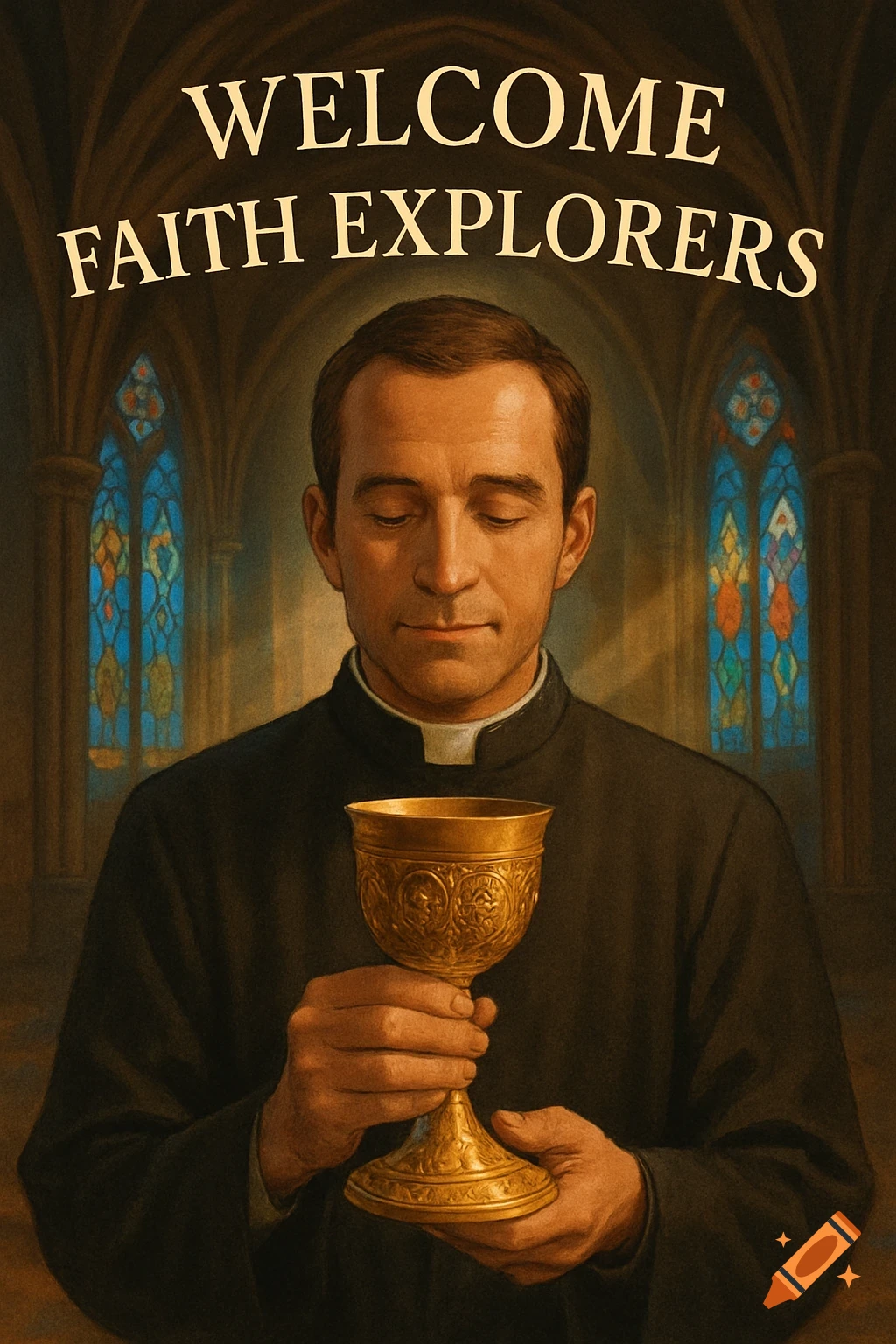 A priest with closed eyes holds a golden chalice in a church with stained glass, text 'WELCOME FAITH EXPLORERS' above.