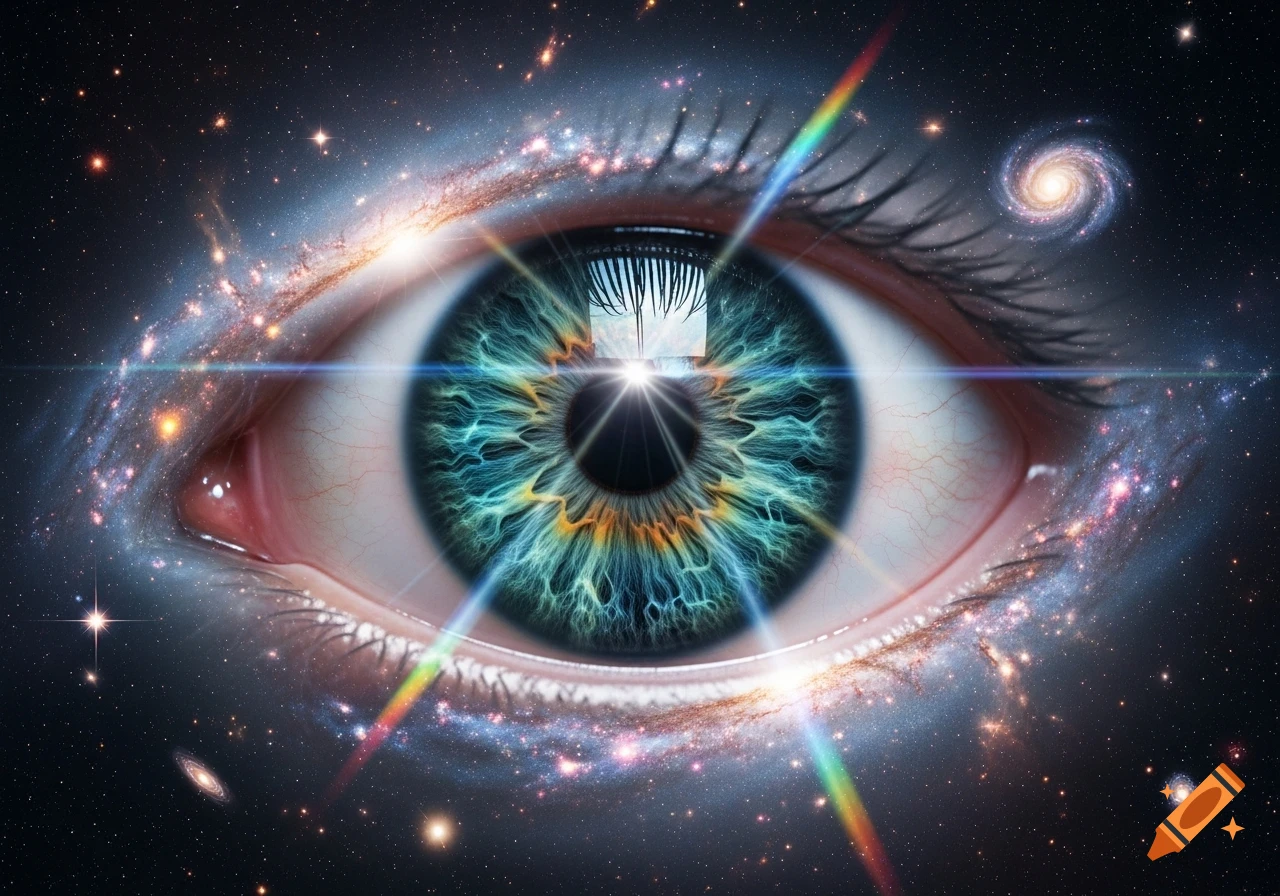 Close-up of a human eye with a vibrant green-blue iris, reflecting a cosmic galaxy with stars and nebulae, and colorful light rays.
