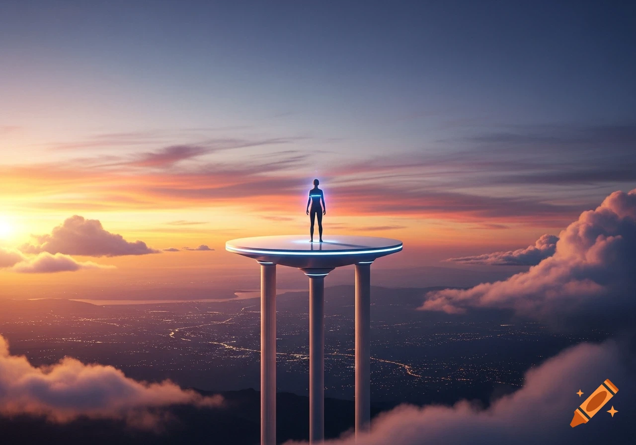 Person stands on a glowing futuristic platform above a city, silhouetted against a vibrant sunset sky with clouds.