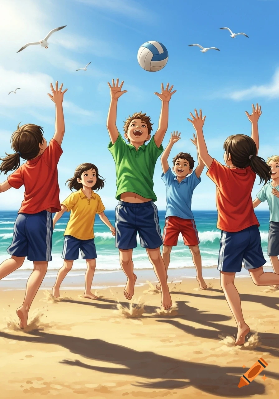 Illustrated image of children playing volleyball on a sunny beach, jumping to hit the ball, with seagulls flying in the blue sky.