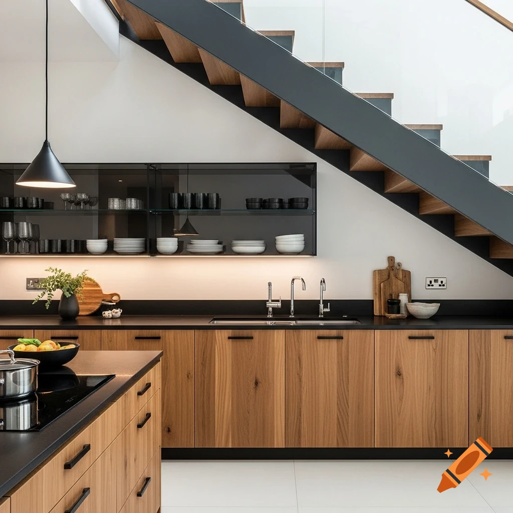Modern kitchen with wood cabinets, black countertops, and a sink, integrated under a staircase with dark railing.
