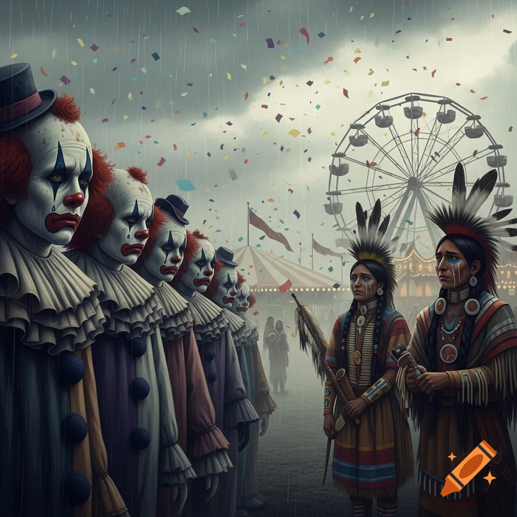 Line of sad clowns face two crying Native American individuals at a rainy carnival with a Ferris wheel and falling confetti.