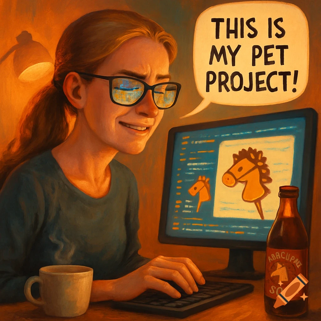A woman with glasses works on a computer with a speech bubble saying "THIS IS MY PET PROJECT!". A hobbyhorse icon is on the screen and a soda bottle is nearby. Stylized digital art.