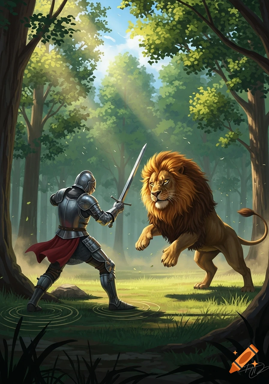 An illustration of a knight in shining armor wielding a sword, facing off against a powerful lion in a sunlit forest clearing.