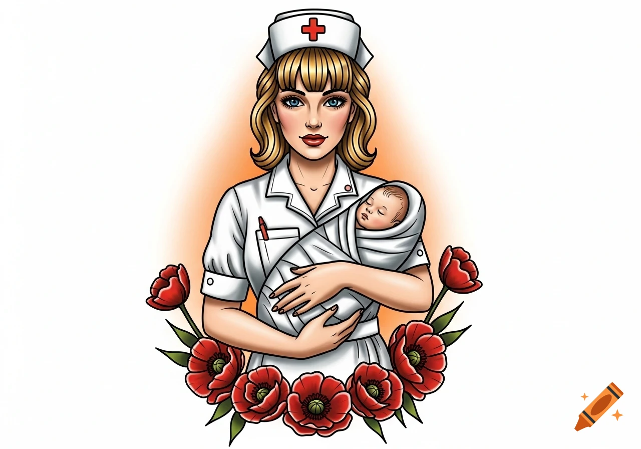 A blonde nurse in a vintage uniform holds a newborn baby, surrounded by red poppies, in American traditional tattoo flash style.