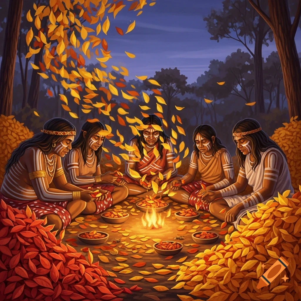 Five indigenous people sit in a circle around a fire, surrounded by falling autumn leaves, in a stylized painting.