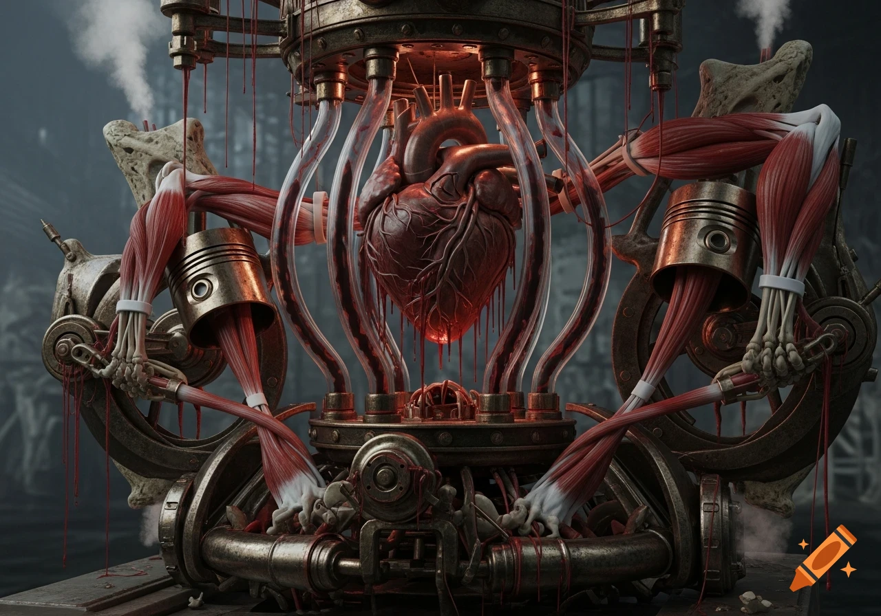 A detailed steampunk horror engine features a human heart in blood-filled tubes, skeletal components, and sinewy muscles.