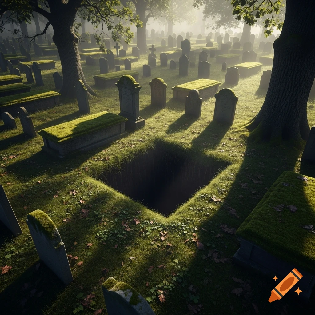 A misty graveyard at sunrise with an open grave in the foreground, surrounded by moss-covered tombstones and large trees.