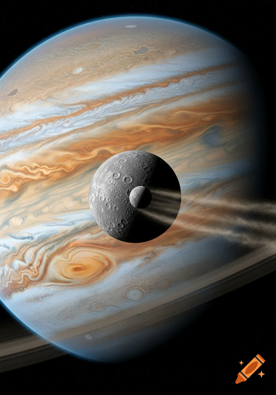 Jupiter, a large striped gas giant, is partially obscured by a heavily cratered moon and a smaller moon trailing dust.