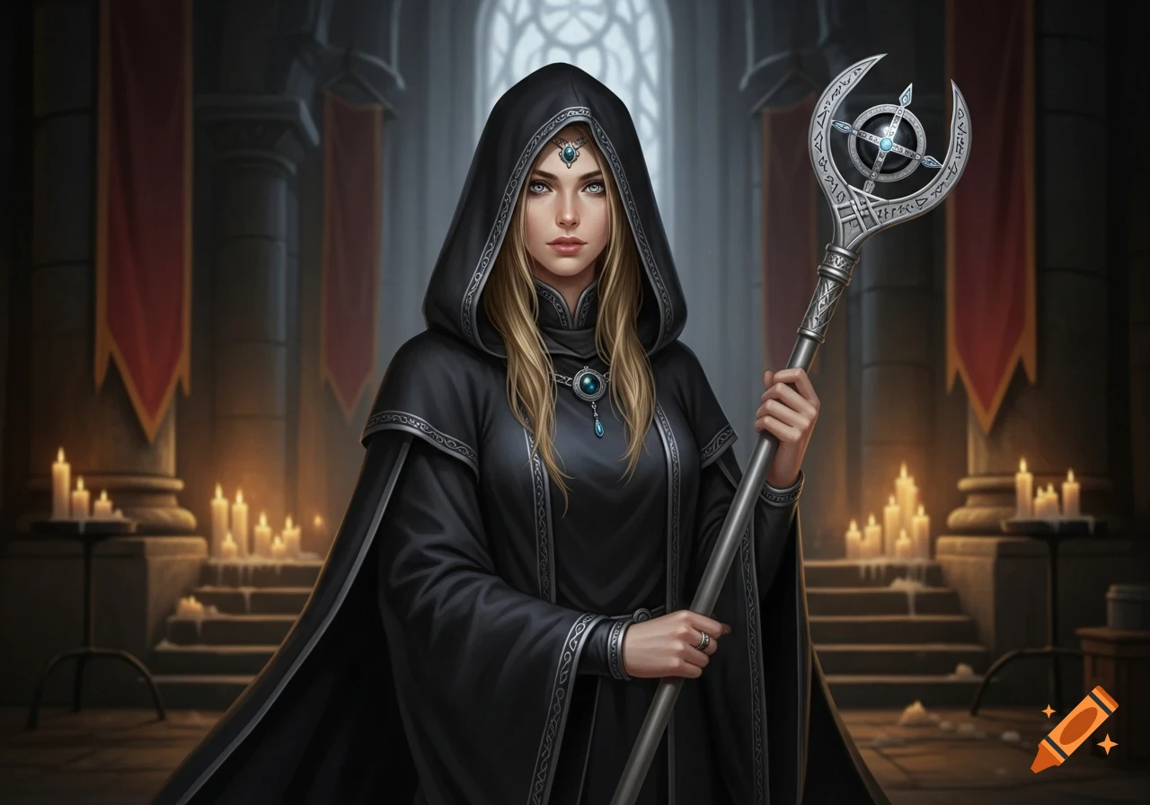 Photorealistic portrait of a female cleric with long blonde hair and grey eyes, wearing a black hooded robe and holding an ornate staff, standing in a candlelit stone hall.