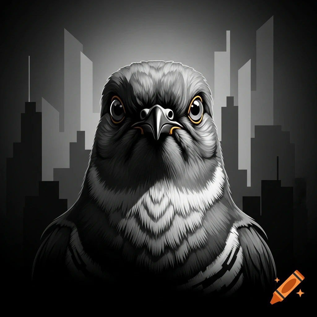 Close-up, black and white illustration of a serious cuckoo bird with prominent yellow eyes against a dark, silhouetted cityscape.