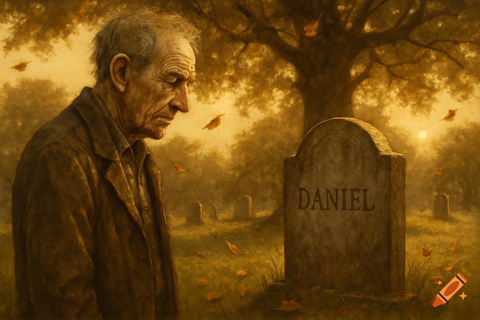 An old, somber man stands in a sepia-toned graveyard, looking down at a tombstone engraved with 'DANIEL'.