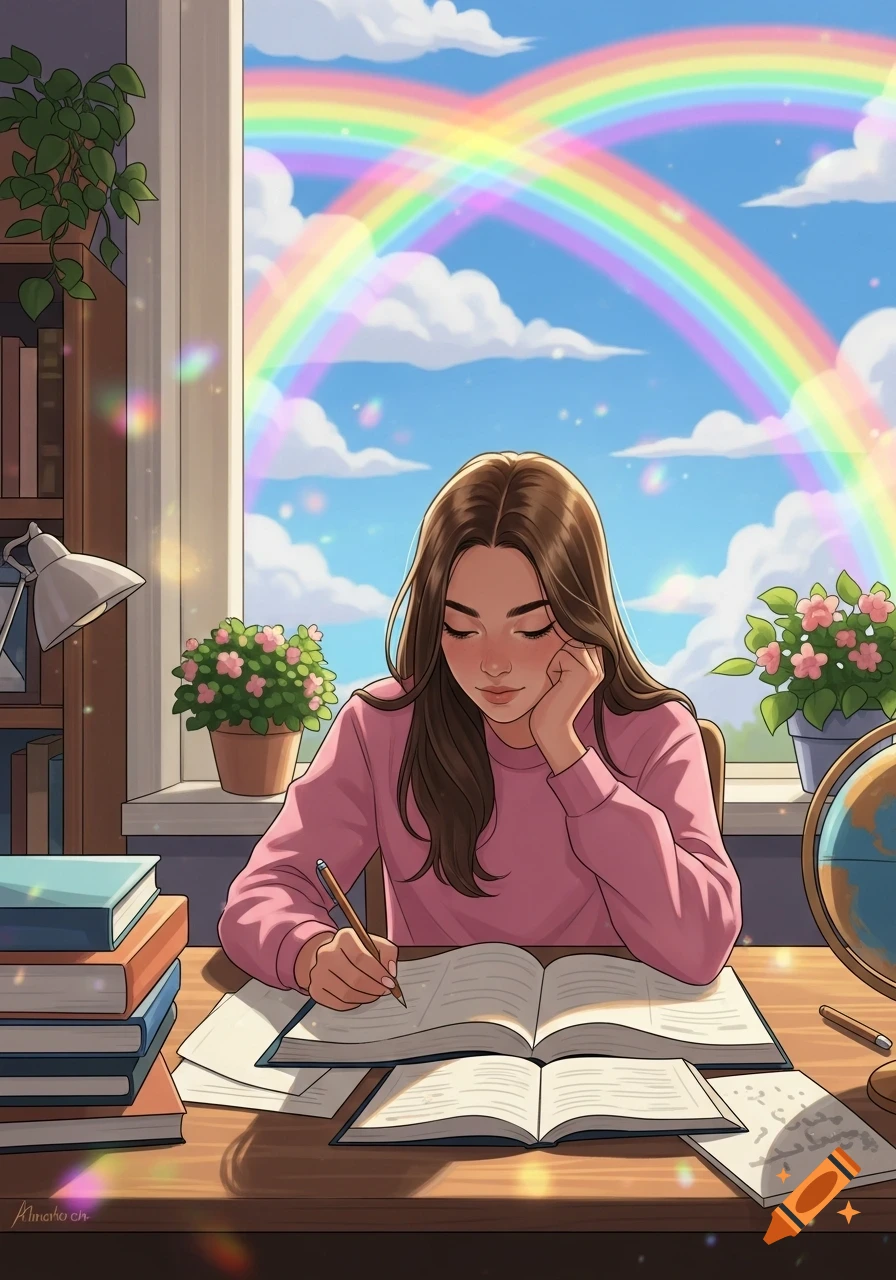 An anime-style illustration of a young woman studying at a desk by a window with a vibrant double rainbow in the sky.