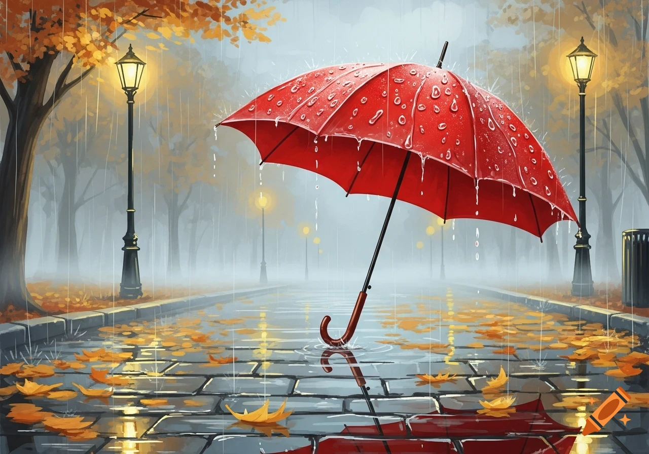 A red umbrella stands on a wet stone path covered in fallen autumn leaves, illuminated by lamplights in a rainy park.