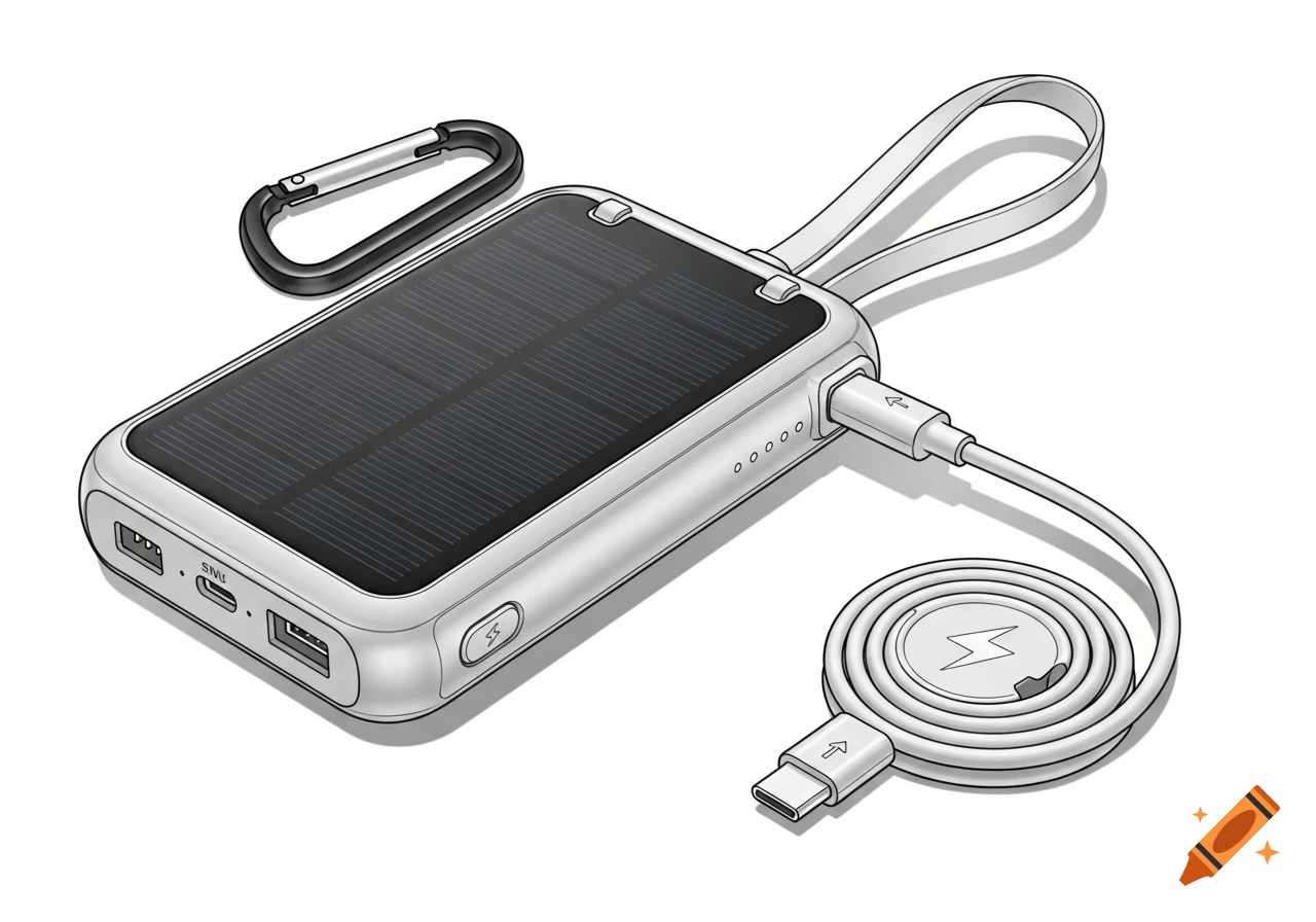 A technical sketch of a solar power bank with a retractable charging cable and a carabiner. The power bank has USB-A and USB-C ports, and power indicator lights. White background.