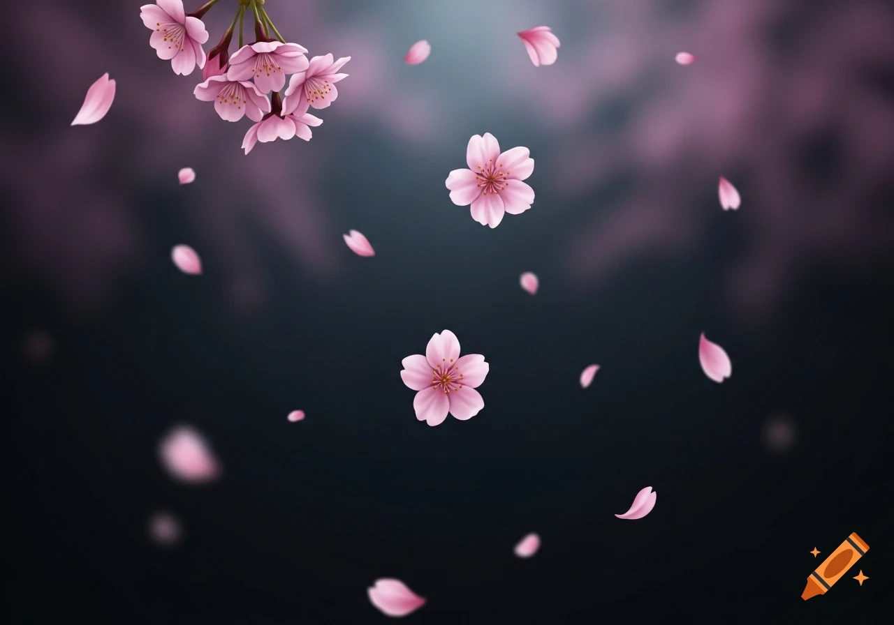 Pink cherry blossoms and petals falling against a dark, blurred background, with some elements in sharp focus.