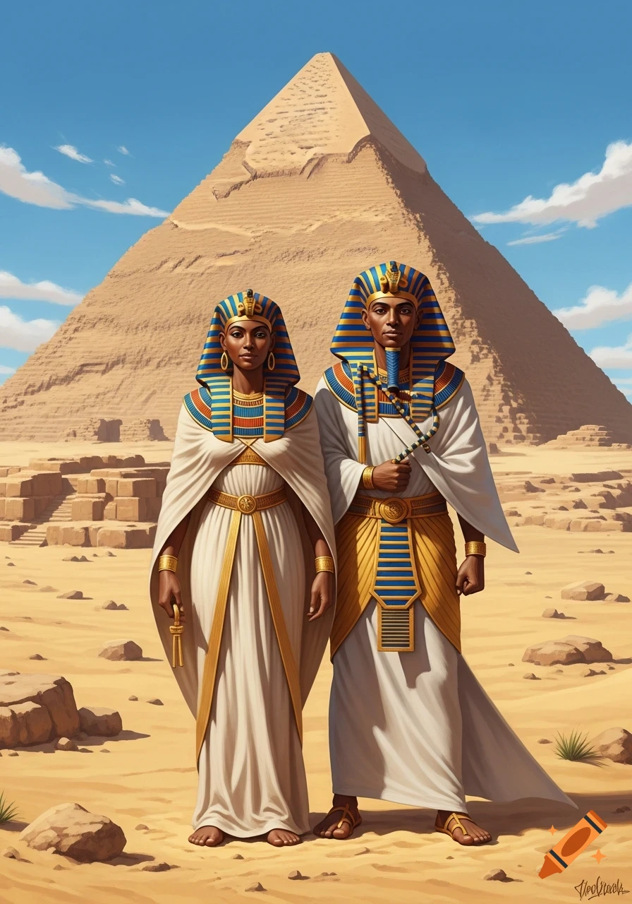 A pharaoh and his wife in traditional Egyptian attire stand in a desert before a large pyramid under a blue sky.