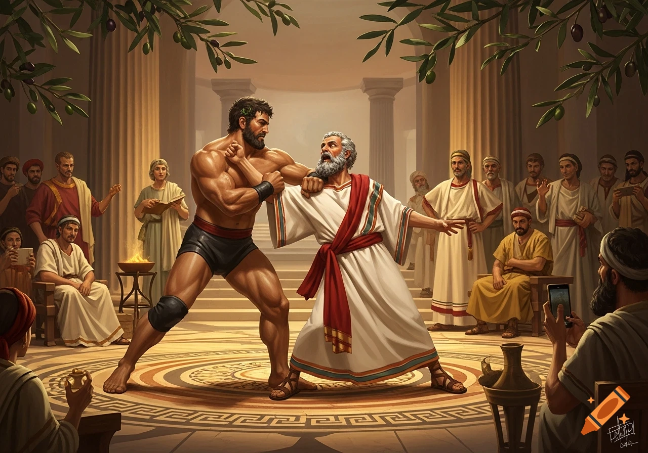 A muscular man wrestles an older philosopher in an ancient Greek temple courtyard, surrounded by onlookers, in a detailed illustration.