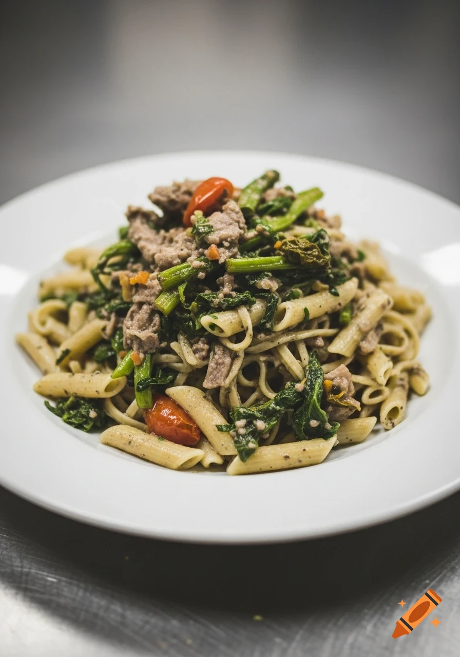 Close-up of pasta with ground meat, green vegetables, and halved cherry tomatoes on a white plate, set on a metal surface.