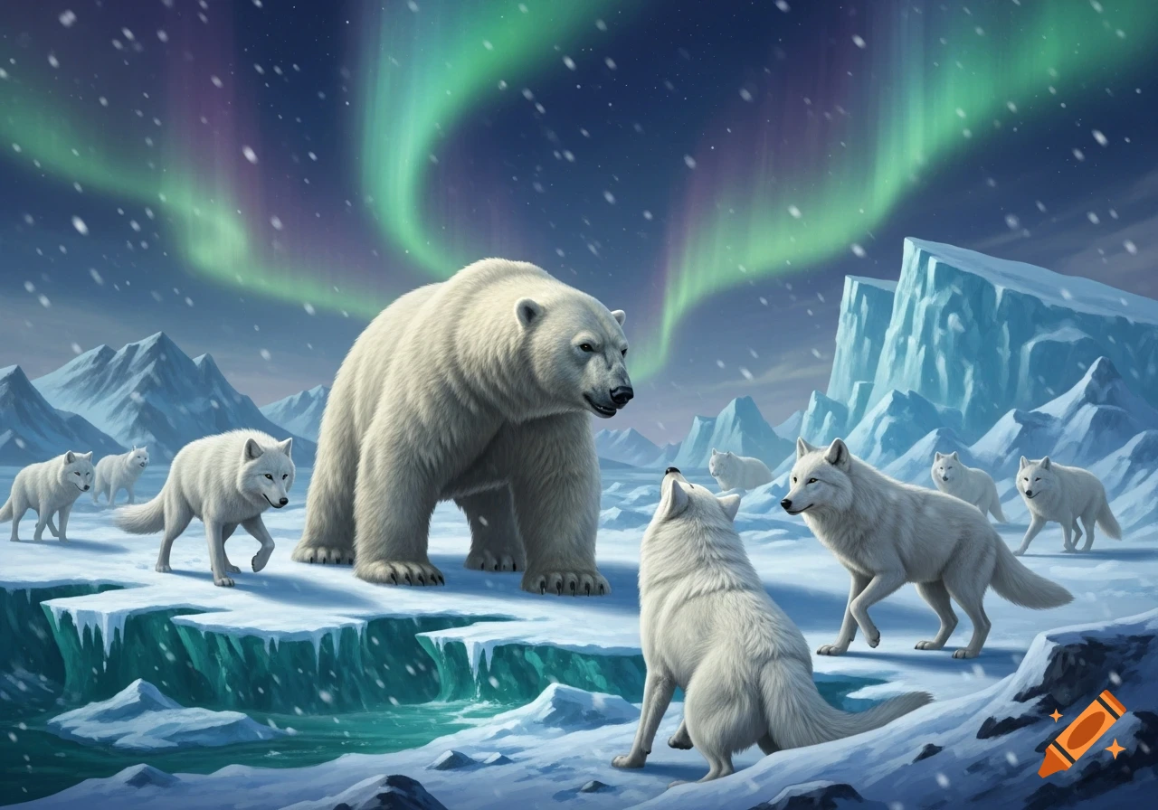 A large polar bear stands on an icy plain, surrounded by a pack of white wolves under a vibrant aurora borealis sky.
