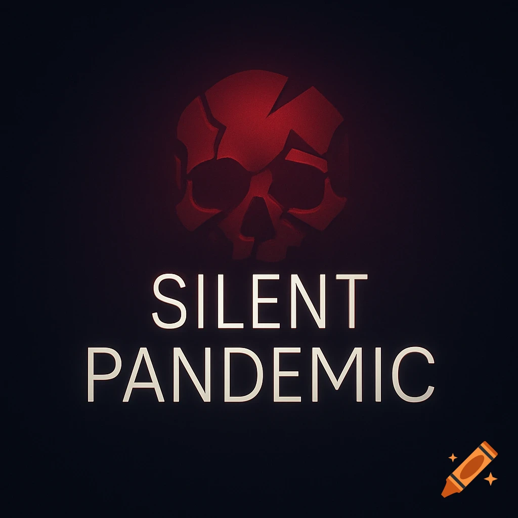 A minimalistic graphic design featuring a fractured red skull above the text 'Silent Pandemic' on a dark background.
