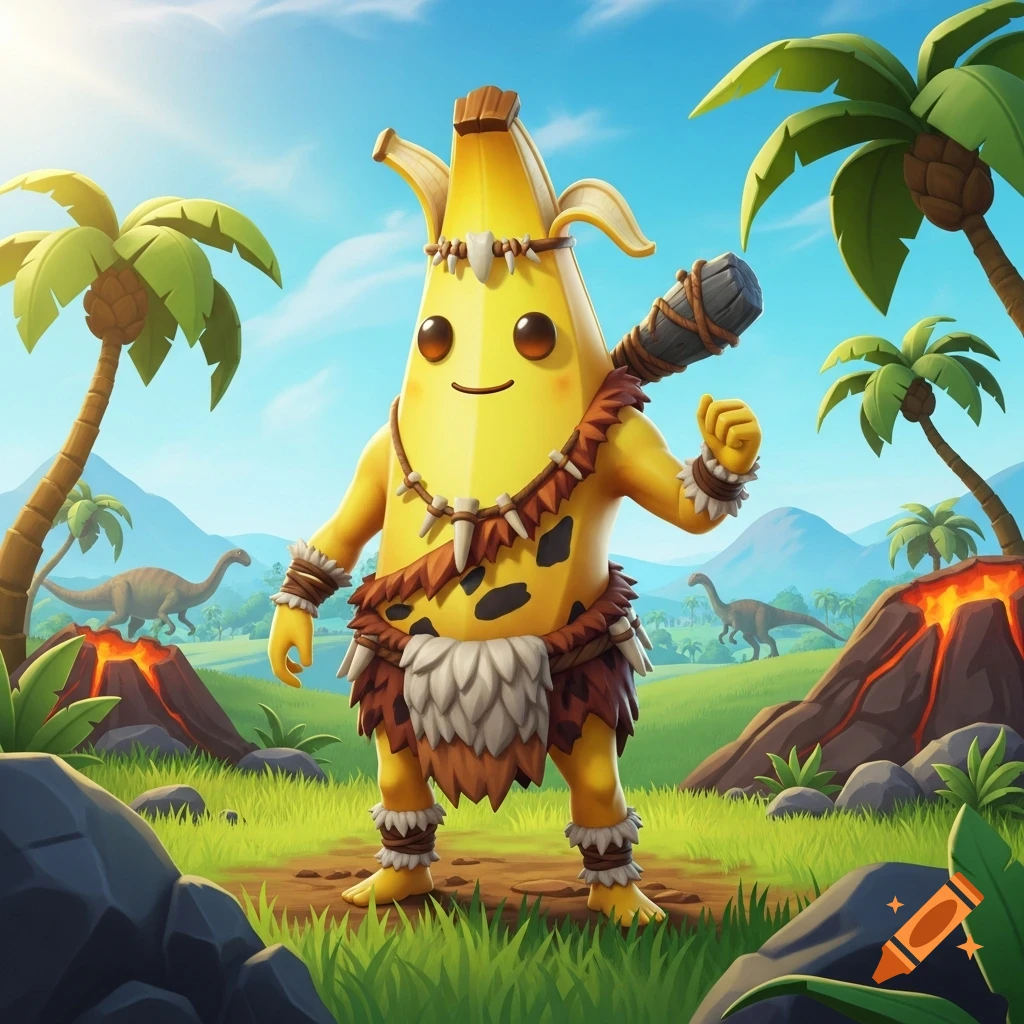 Cartoon Peely from Fortnite dressed as a caveman, holding a club, in a prehistoric landscape with dinosaurs and volcanoes.