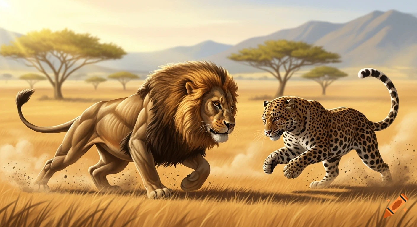 A lion and a leopard face each other in a dynamic pose in a sunny savanna landscape with acacia trees.