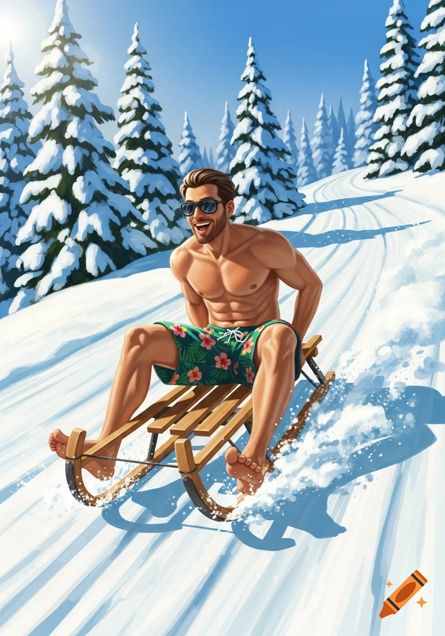 An illustrated man in swim trunks and sunglasses happily sledding down a snowy hill past pine trees.