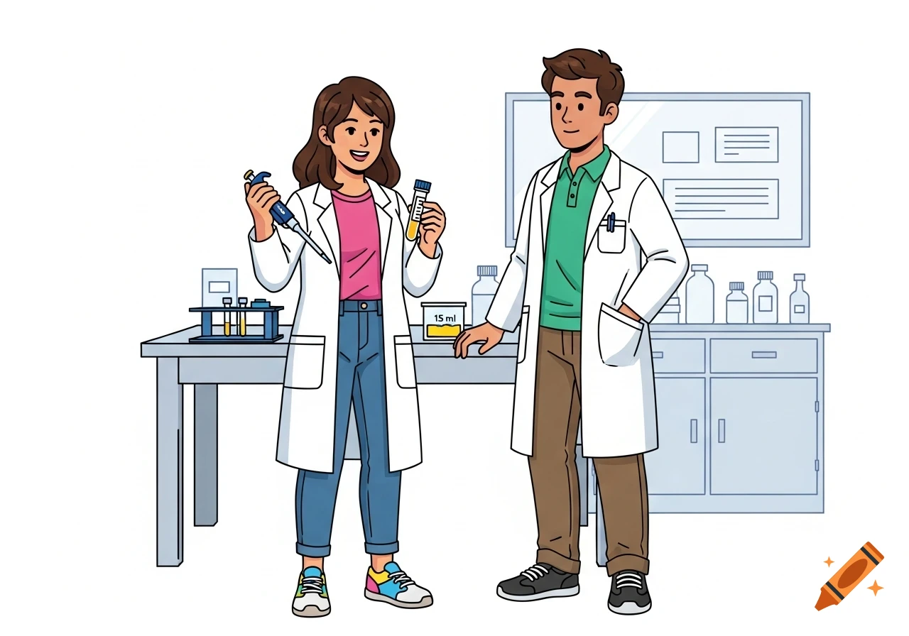 Cartoon of two smiling university students in lab coats, holding lab ...