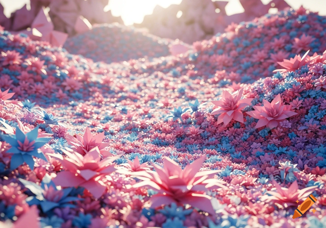 A vibrant field of pink and blue paper origami flowers under a bright sunny sky, with a shallow depth of field.